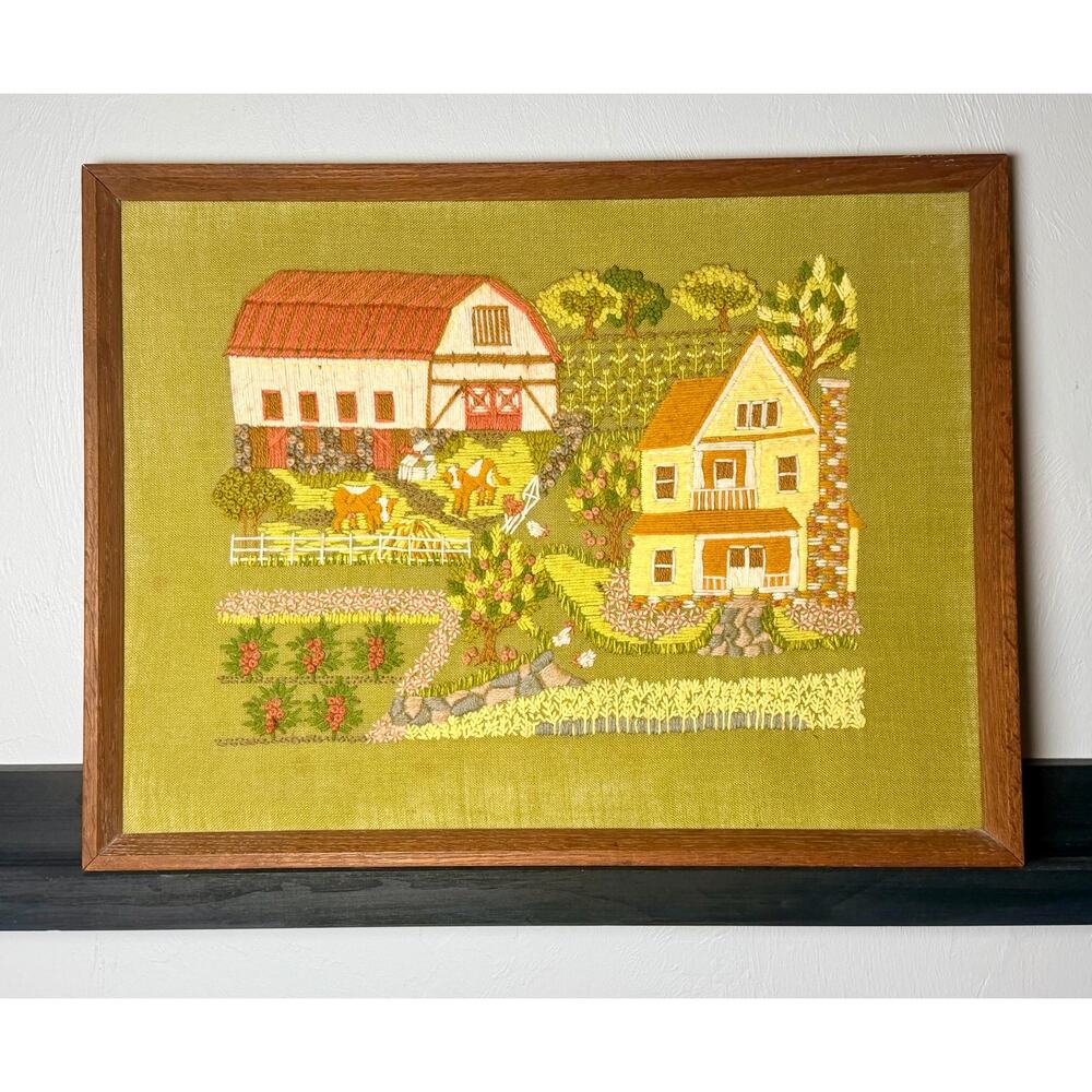 1970s Crewel Embroidery Farmhouse Wall Art – Avocado Green Fiber Art (Framed) - Picture 5 of 12